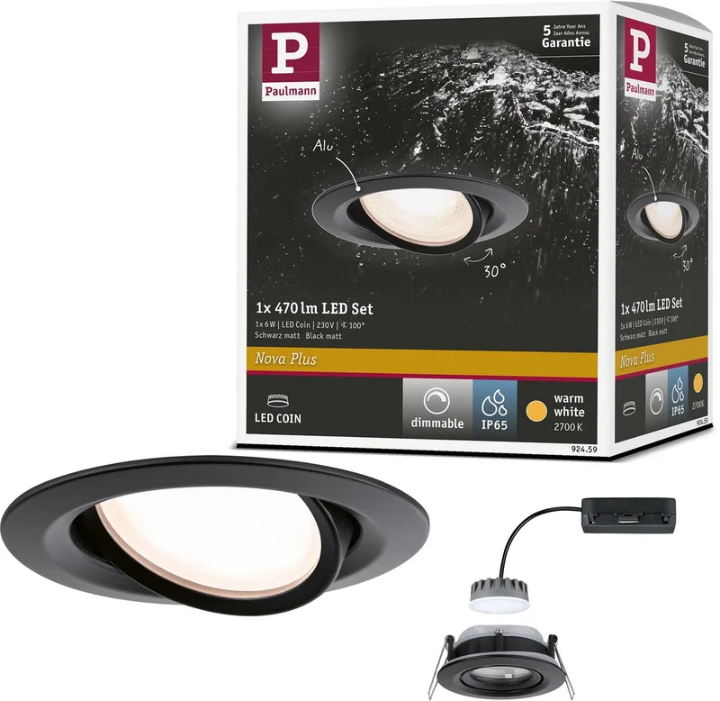 LED-Einbauleuchte Nova Plus Coin Einzelleuchte schwenkbar IP65 rund 93 mm 30° Coin 6W 470lm 230V dimmbar 2700K von Paulmann in Zwart mat – Produktfoto