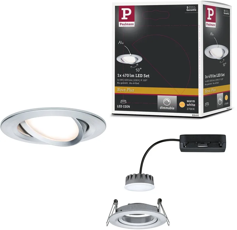 LED-inbouwlamp Nova Plus Coin Enkele lamp zwenkbaar rond 84 mm 50° Coin 6W 470lm 230V dimbaar 2700K van Paulmann in Alu gedraaid – productfoto