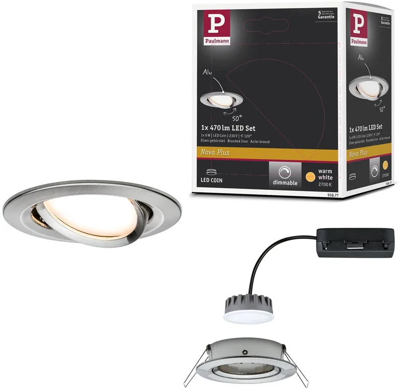 LED-inbouwlamp Nova Plus Coin Enkele lamp zwenkbaar rond 84 mm 50° Coin 6W 470lm 230V dimbaar 2700K van Paulmann in Staal geborsteld – productfoto