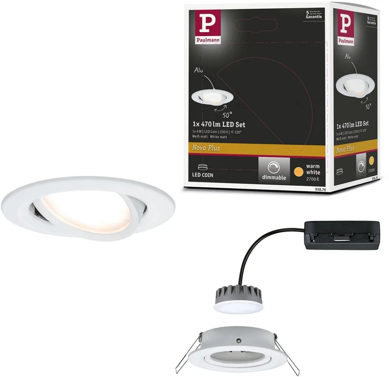 LED-indbygningslampe Nova Plus Coin, enkelt lampe, svingbar, rund 84 mm 50° Coin 6W 470lm 230V dæmpbar 2700K fra Paulmann i Wit mat – produktbillede
