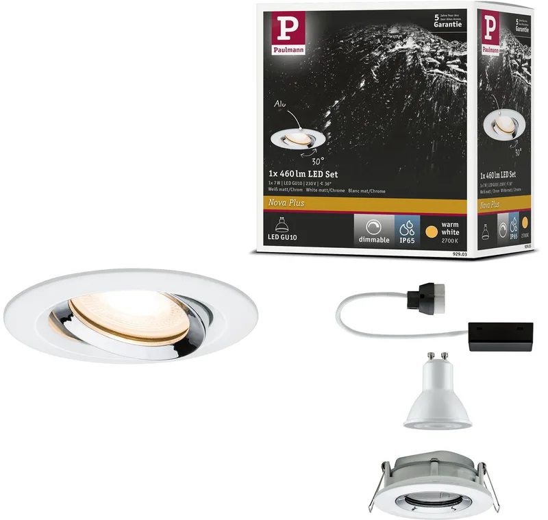 LED-inbouwlamp Nova Plus Enkele lamp zwenkbaar IP65 rond 93 mm 30° GU10 7W 460lm 230V dimbaar 2700K Wit mat, Chroom by Paulmann in Wit mat, Chrome – product photo