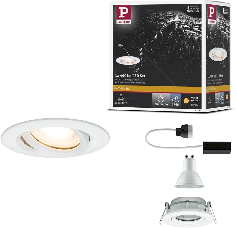 LED-inbouwlamp Nova Plus Enkele lamp zwenkbaar IP65 rond 93 mm 30° GU10 7W 460lm 230V dimbaar 2700K de Paulmann en Wit mat – photo produit