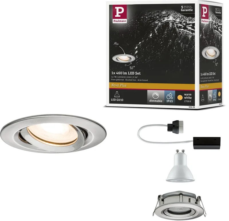 LED-inbouwlamp Nova Plus Enkele lamp zwenkbaar IP65 rond 93 mm 30° GU10 7W 460lm 230V dimbaar 2700K från Paulmann i Staal geborsteld – produktbild