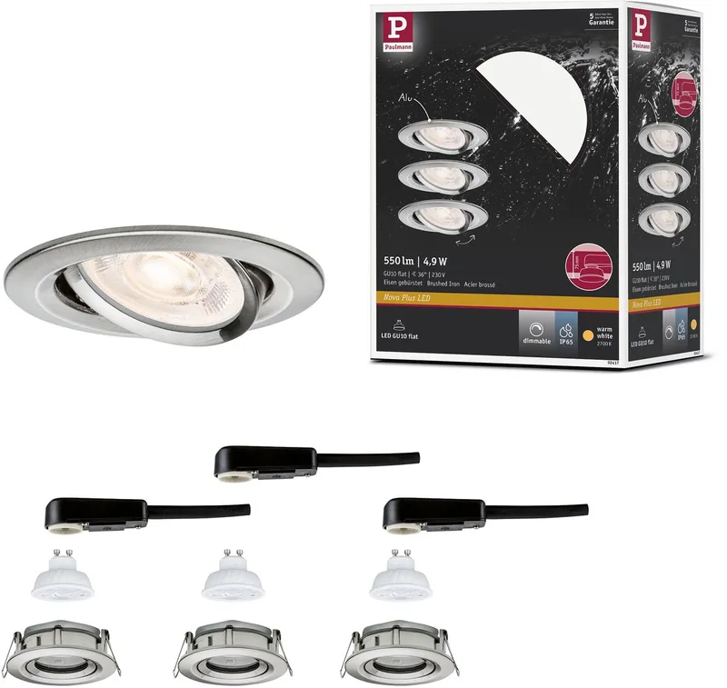 LED-inbouwlamp Nova Plus GU10 Flat IP65 93 mm 3x4,9W 3x550lm 230V dimbaar 2700K von Paulmann in Staal geborsteld – Produktfoto