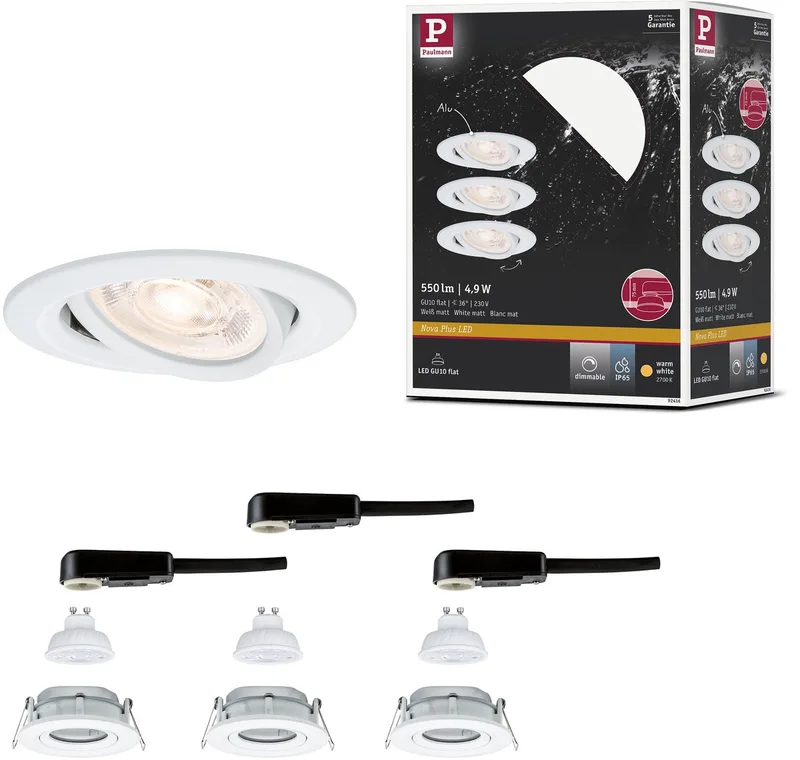 LED-inbouwlamp Nova Plus GU10 Flat IP65 93 mm 3x4,9W 3x550lm 230V dimbaar 2700K fra Paulmann i Wit mat – produktbillede