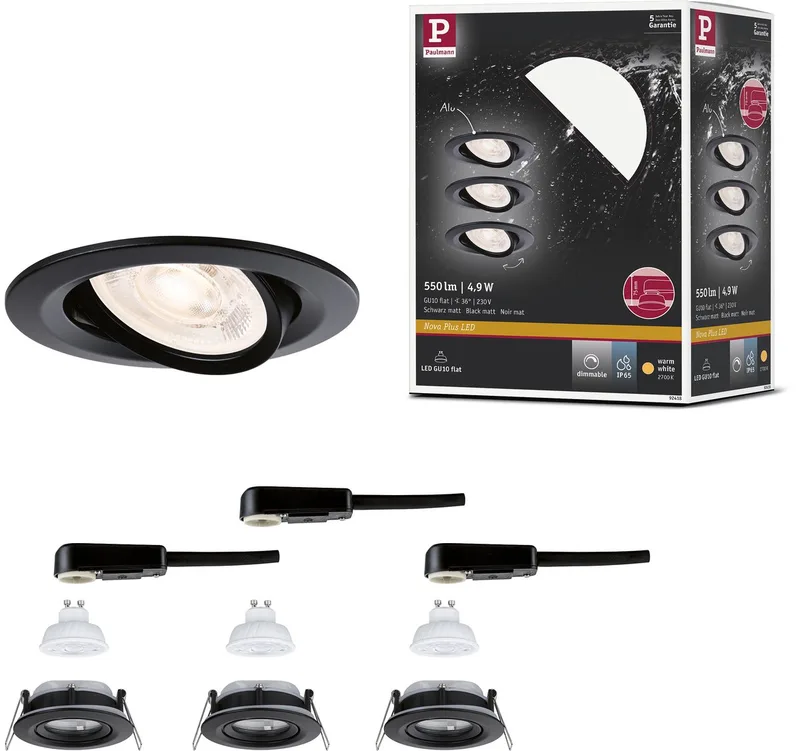LED-inbouwlamp Nova Plus GU10 Flat IP65 93 mm 3x4,9W 3x550lm 230V dimbaar 2700K von Paulmann in Zwart mat – Produktfoto