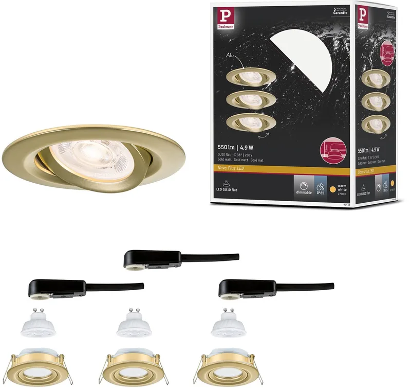 LED-inbouwlamp Nova Plus GU10 Flat IP65 93 mm 3x4,9W 3x550lm 230V dimbaar 2700K fra Paulmann i Goud mat – produktbillede