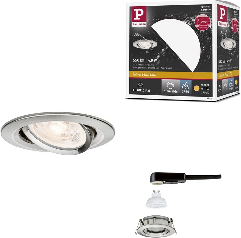 LED-inbouwlamp Nova Plus GU10 Flat IP65 93 mm 4,9W 550lm 230V dimbaar 2700K fra Paulmann i Staal geborsteld – produktbillede