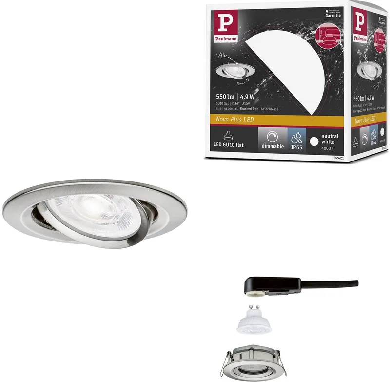 LED-inbouwlamp Nova Plus GU10 Flat IP65 93 mm 4,9W 550lm 230V dimbaar 4000K de Paulmann en Staal geborsteld – photo produit