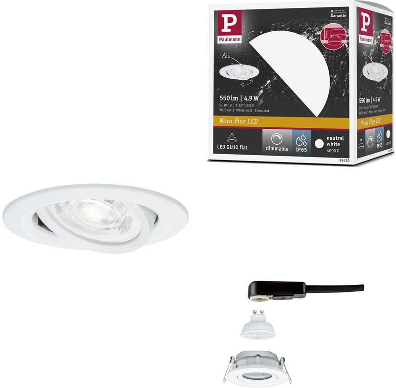 LED-inbouwlamp Nova Plus GU10 Flat IP65 93 mm 4,9W 550lm 230V dimbaar 4000K de Paulmann en Wit mat – photo produit