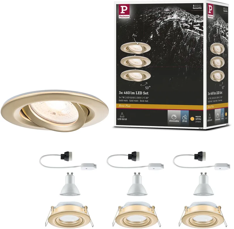 LED-inbouwlamp Nova Plus Set van 3 IP65 rond 93 mm 30° GU10 3x6W 3x460lm 230V dimbaar 2700K från Paulmann i Goud mat – produktbild