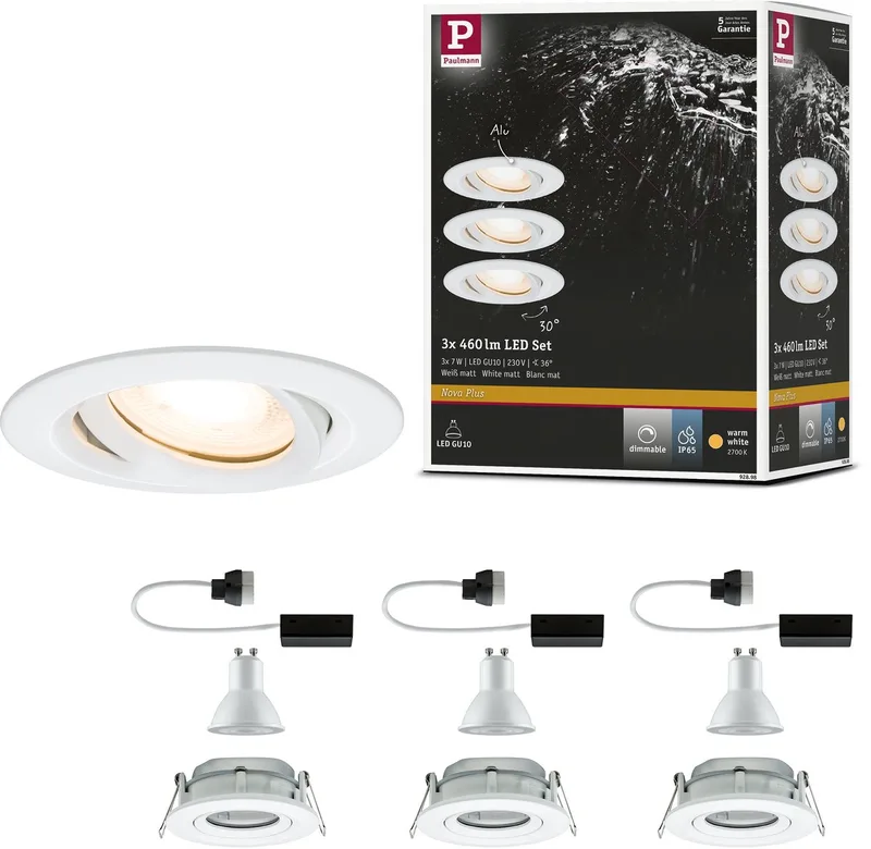 LED-infälld lampa Nova Plus, set om 3, svängbar IP65 rund 93 mm 30° GU10 3x7W 3x460lm 230V dimbar 2700K från Paulmann i Wit mat – produktbild