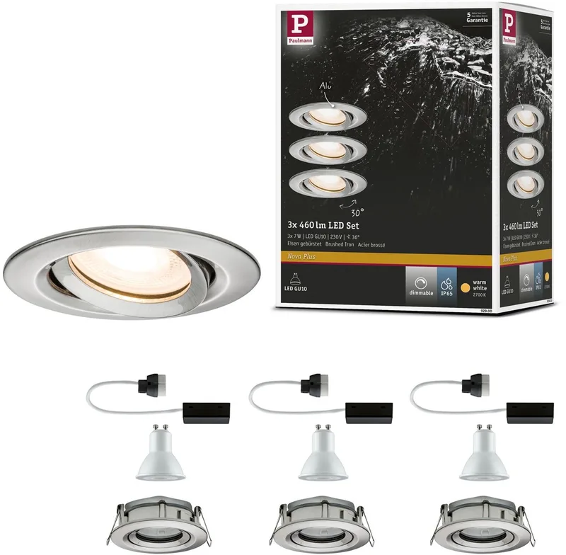 LED-infälld lampa Nova Plus, set om 3, svängbar IP65 rund 93 mm 30° GU10 3x7W 3x460lm 230V dimbar 2700K från Paulmann i Staal geborsteld – produktbild