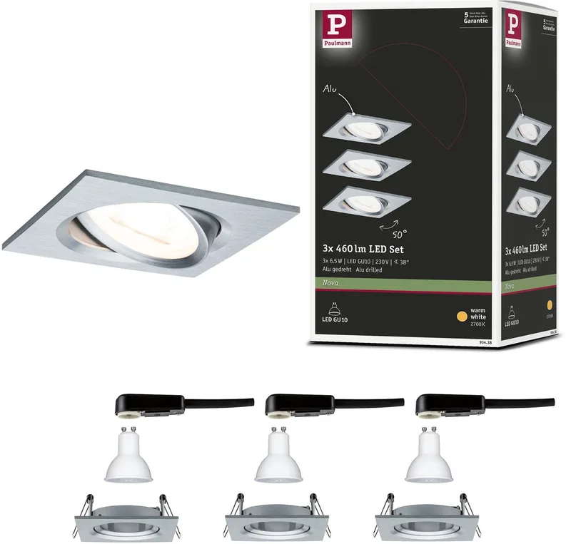 LED-inbouwlamp Nova schwenkbar Basisset zwenkbaar hoekig 84x84 mm 50° GU10 3x6,5W 3x460lm 230V 2700K van Paulmann in Alu gedraaid – productfoto