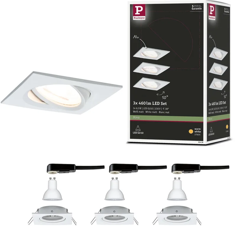 LED-inbouwlamp Nova schwenkbar Basisset zwenkbaar hoekig 84x84 mm 50° GU10 3x6,5W 3x460lm 230V 2700K de Paulmann en Wit mat – photo produit