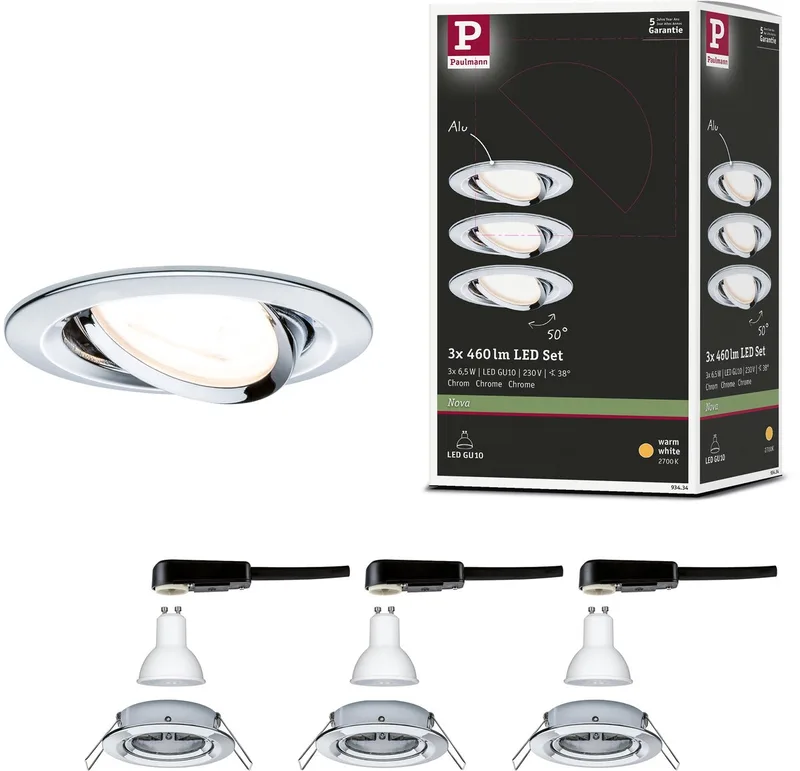 LED-indbygningslampe Nova basissæt, svingbar, rund 84 mm 50° GU10 3x6,5W 3x460lm 230V 2700K fra Paulmann i Krom – produktbillede