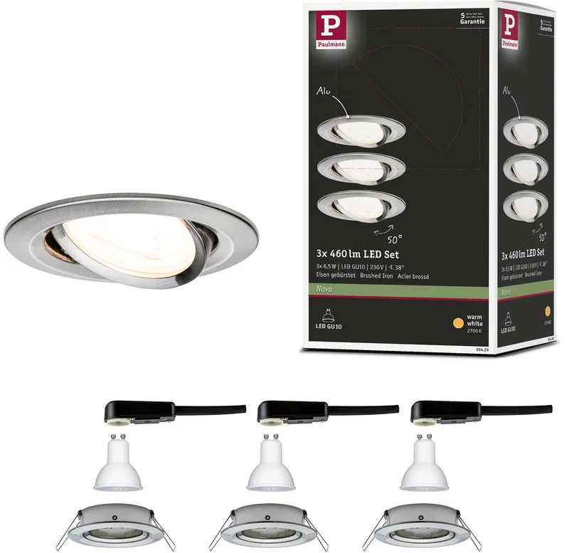 LED-indbygningslampe Nova basissæt, svingbar, rund 84 mm 50° GU10 3x6,5W 3x460lm 230V 2700K fra Paulmann i Staal geborsteld – produktbillede