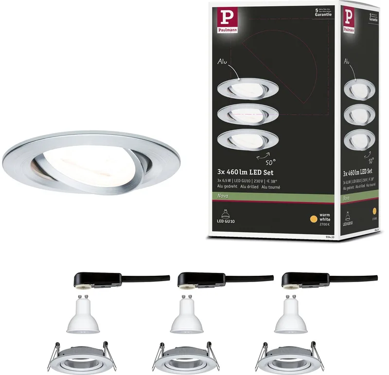 LED-inbouwlamp Nova schwenkbar Basisset zwenkbaar rond 84 mm 50° GU10 3x6,5W 3x460lm 230V 2700K de Paulmann en Alu gedraaid – photo produit