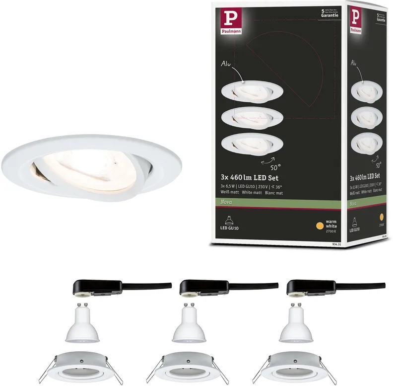 LED-indbygningslampe Nova basissæt, svingbar, rund 84 mm 50° GU10 3x6,5W 3x460lm 230V 2700K fra Paulmann i Wit mat – produktbillede