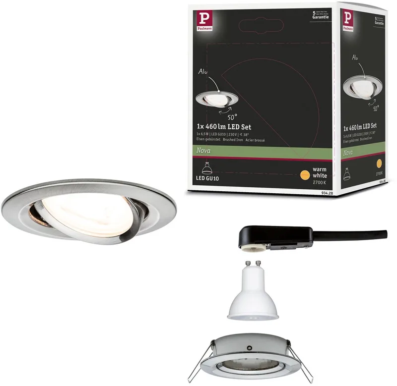 LED-inbouwlamp Nova schwenkbar zwenkbaar rond 84 mm 50° GU10 6,5W 460lm 230V 2700K de Paulmann en Staal geborsteld – photo produit