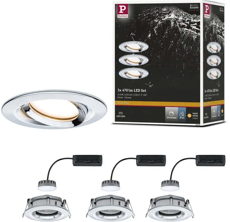 Nova Plus Spot encastrable pour salle de bains jeu de 3 LED LED 20.4 W IP65 chrome de Paulmann en Chrome – photo produit
