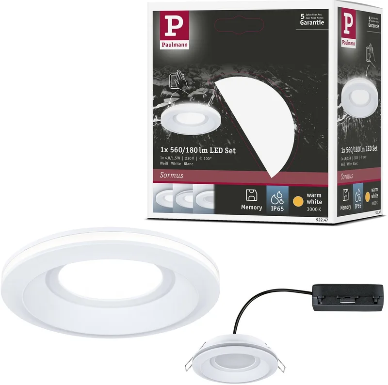 LED-inbouwlamp Sormus Enkele lamp IP65 rond 100 mm 4,8W / 1,5W 300lm 230V 3000K de Paulmann en Blanc – photo produit