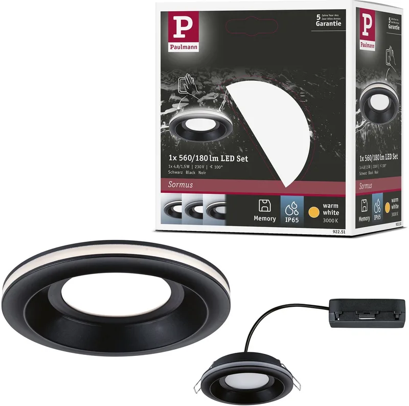 LED-inbouwlamp Sormus Enkele lamp IP65 rond 100 mm 4,8W / 1,5W 300lm 230V 3000K de Paulmann en Noir – photo produit