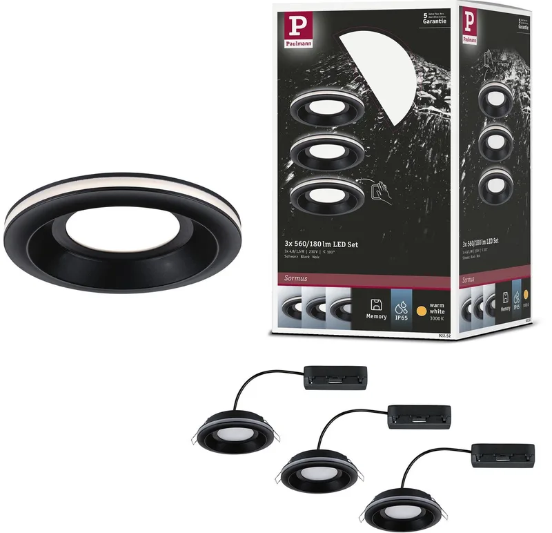 LED-inbouwlamp Sormus Set van 3 IP65 rond 100 mm 3x4,8W / 1,5W 3x300lm 230V 3000K från Paulmann i Svart – produktbild
