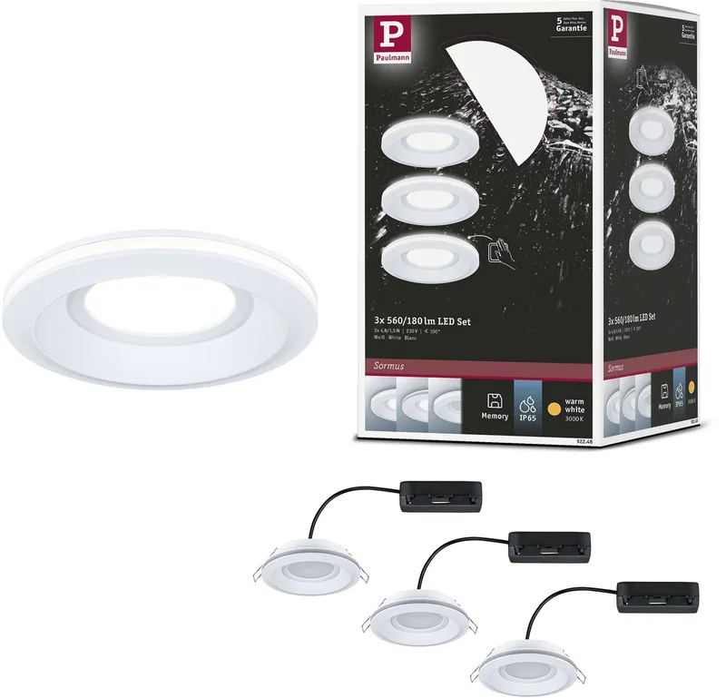 LED-indbygningslampe Sormus, sæt med 3, IP65, rund 100 mm 3x4,8W, 1,5W 3x300lm 230V 3000K fra Paulmann i Hvid – produktbillede