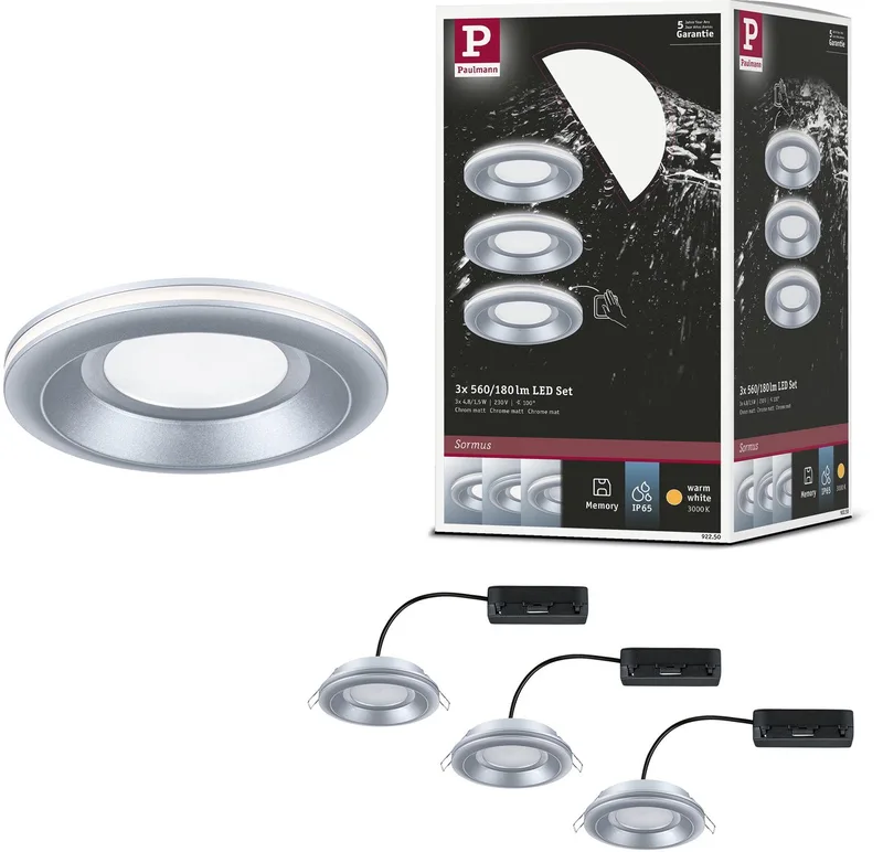LED-inbouwlamp Sormus Set van 3 IP65 rond 100 mm 3x4,8W / 1,5W 3x300lm 230V 3000K de Paulmann en Chroom mat – photo produit