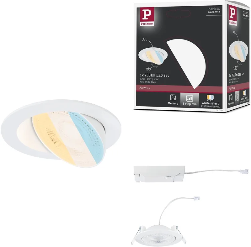 LED-inbouwlamp White Select Aumus Losse spot rond 105 mm 90° 5W 700lm 230V dimbaar White Select de Paulmann en Blanc – photo produit