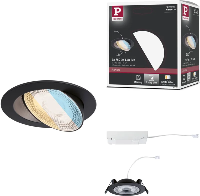 LED-inbouwlamp White Select Aumus Losse spot rond 105 mm 90° 5W 700lm 230V dimbaar White Select de Paulmann en Noir – photo produit