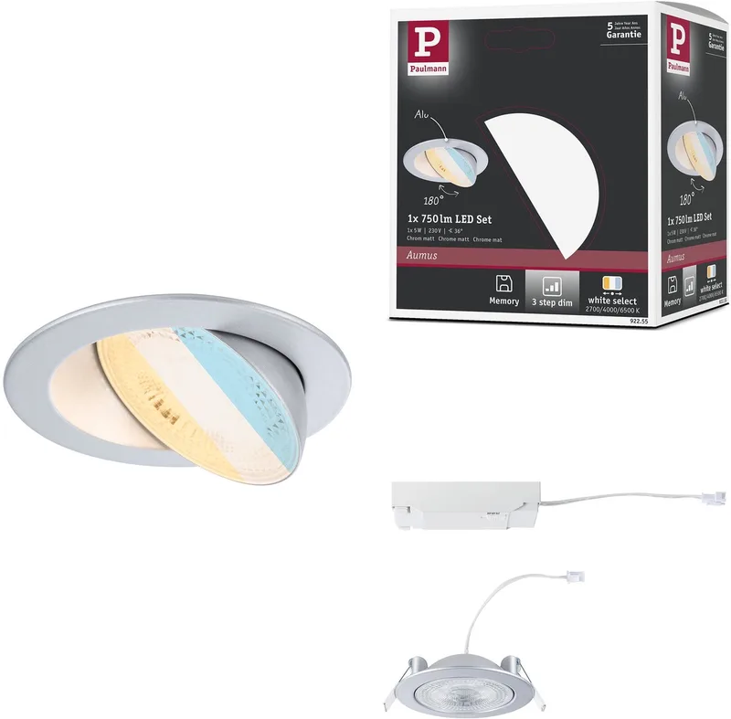 LED-inbouwlamp White Select Aumus Losse spot rond 105 mm 90° 5W 700lm 230V dimbaar White Select de Paulmann en Chroom mat – photo produit
