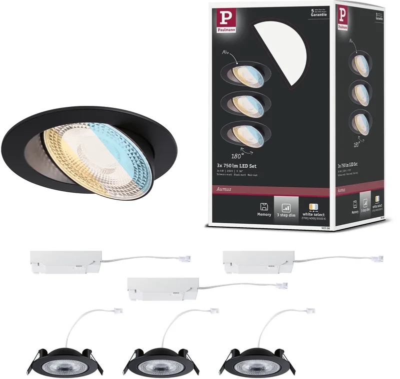 LED-inbouwlamp White Select Aumus Set van 3 rond 105 mm 90° 3x5W 3x700lm 230V dimbaar White Select de Paulmann en Noir – photo produit