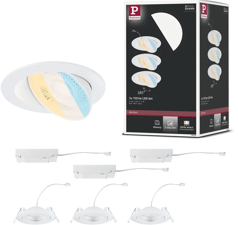 LED-inbouwlamp White Select Aumus Set van 3 rond 105 mm 90° 3x5W 3x700lm 230V dimbaar White Select de Paulmann en Blanc – photo produit