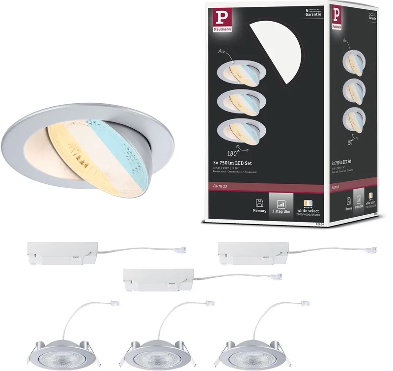 LED-inbouwlamp White Select Aumus Set van 3 rond 105 mm 90° 3x5W 3x700lm 230V dimbaar White Select fra Paulmann i Chroom mat – produktbillede