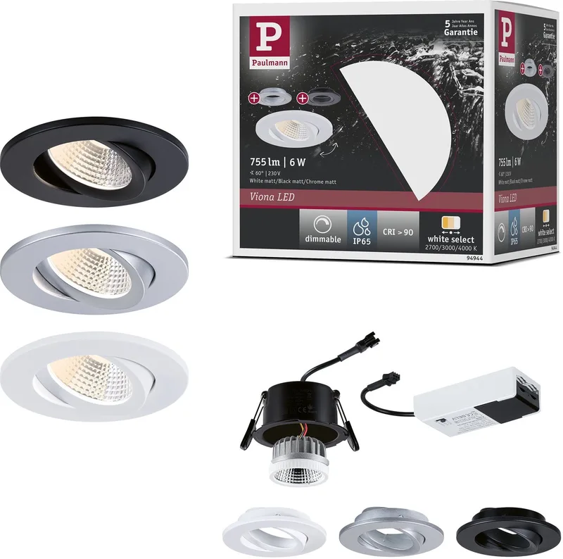 LED-inbouwlamp White Select Viona Enkele lamp IP65 rond 85 mm 25° 6W 520lm 230V dimbaar White Select Zwart mat, Wit mat, Chroom mat fra Paulmann i Zwart mat, Wit mat, Chroom mat – produktbillede