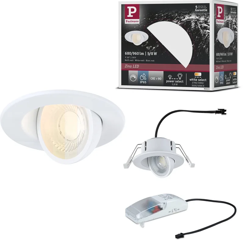 LED-inbouwlamp Zina IP65 8W 685lm 230V dimbaar White Select de Paulmann en Wit mat – photo produit