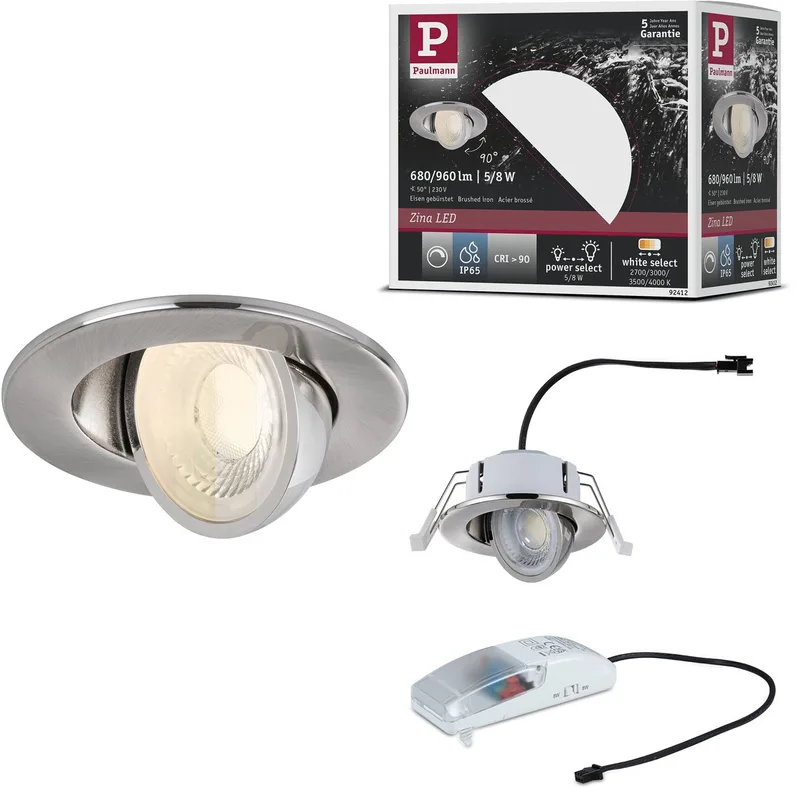 LED-inbouwlamp Zina IP65 8W 685lm 230V dimbaar White Select de Paulmann en Staal geborsteld – photo produit