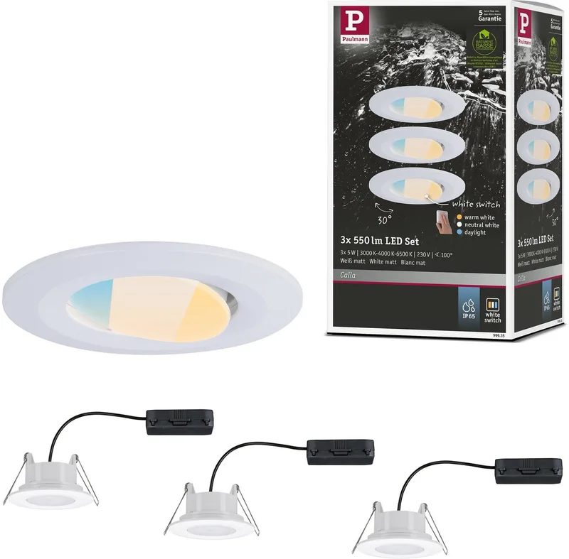 LED Inbouwspots Calla Set van 3 - IP65 - 5W per Spot - 430 lm - 230V - WhiteSwitch - Inbouwspots Badkamer de Paulmann en Wit mat – photo produit