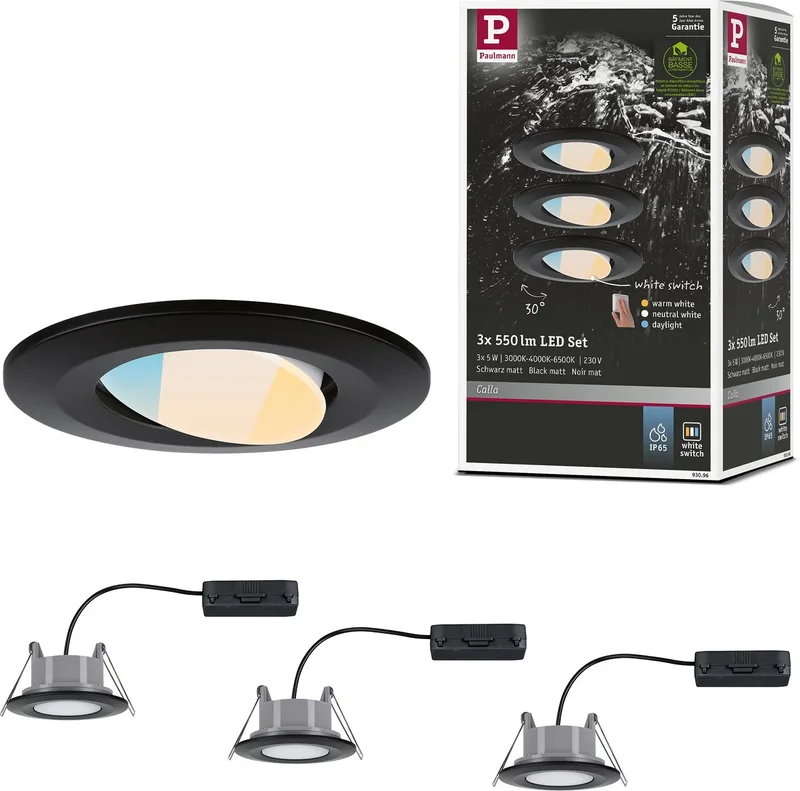 LED Einbauspots Calla 3er-Set, IP65, 5W pro Spot, 430 lm, 230V, WhiteSwitch, Einbauspots Badezimmer von Paulmann in Zwart mat – Produktfoto