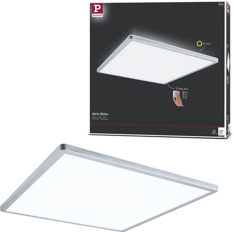 LED-paneel 3-Step-Dim Atria Shine Backlight hoekig 420x420 mm 22W 2200lm 4000K dimbaar van Paulmann in Chroom mat – productfoto