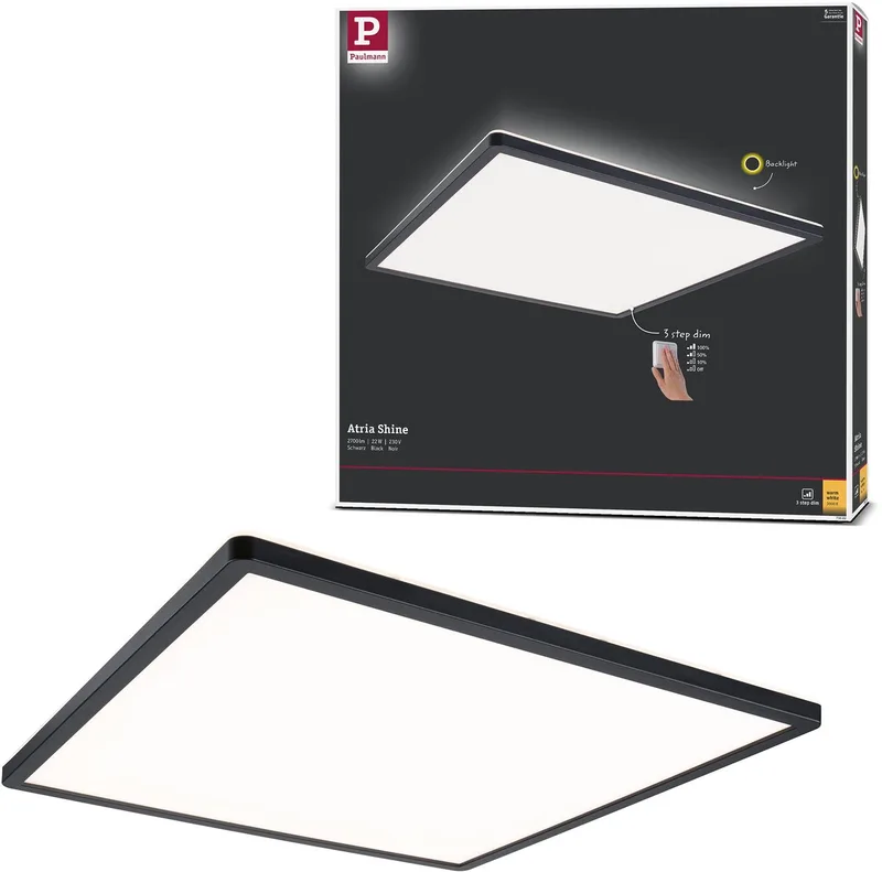 LED-paneel 3-Step-Dim Atria Shine Backlight hoekig 420x420 mm 22W 2200lm 3000K dimbaar fra Paulmann i Sort – produktbillede