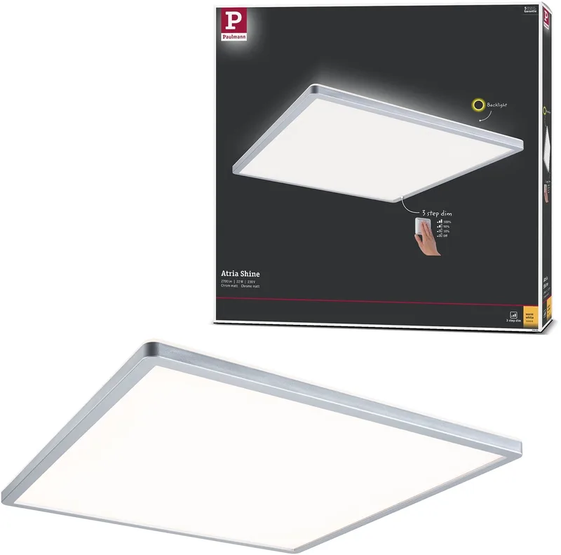 LED-paneel 3-Step-Dim Atria Shine Backlight hoekig 420x420 mm 22W 2200lm 3000K dimbaar de Paulmann en Chroom mat – photo produit