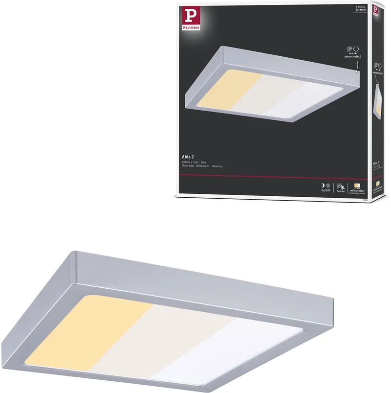LED-paneel Abia 2 White Select Schemergestuurde bewegingsmelder (HF) hoekig 300x300 mm 14W 900lm White Select de Paulmann en Chroom mat – photo produit