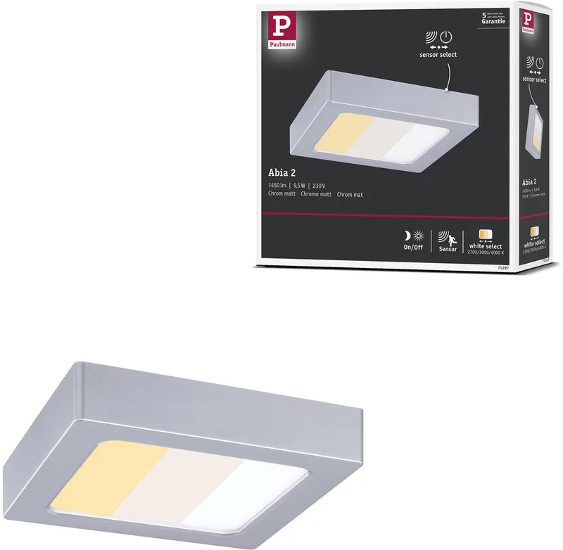 LED-paneel Abia 2 White Select Schemergestuurde bewegingsmelder (HF) hoekig 170x170 mm 9,5W 1100lm White Select van Paulmann in Chroom mat – productfoto
