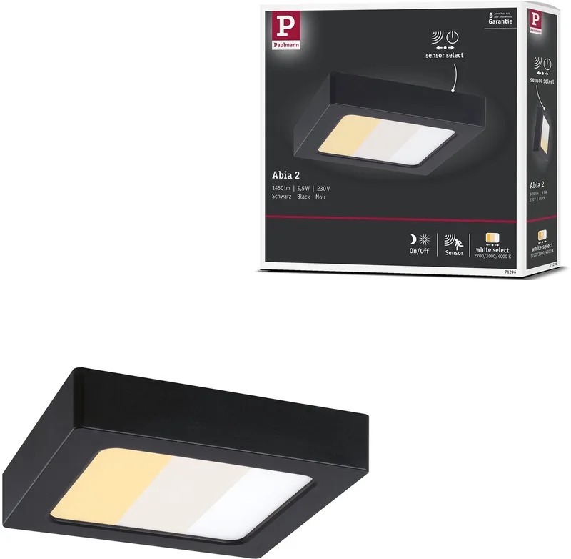 LED-paneel Abia 2 White Select Schemergestuurde bewegingsmelder (HF) hoekig 170x170 mm 9,5W 1100lm White Select från Paulmann i Svart – produktbild