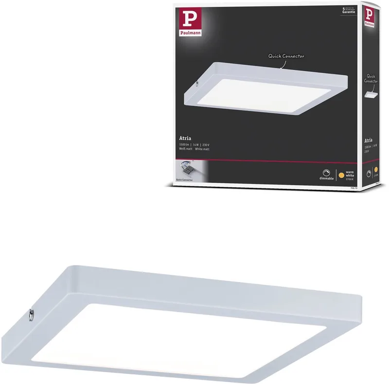 LED-paneel Atria hoekig 220x220 mm 14W 1150lm 2700K dimbaar de Paulmann en Blanc – photo produit