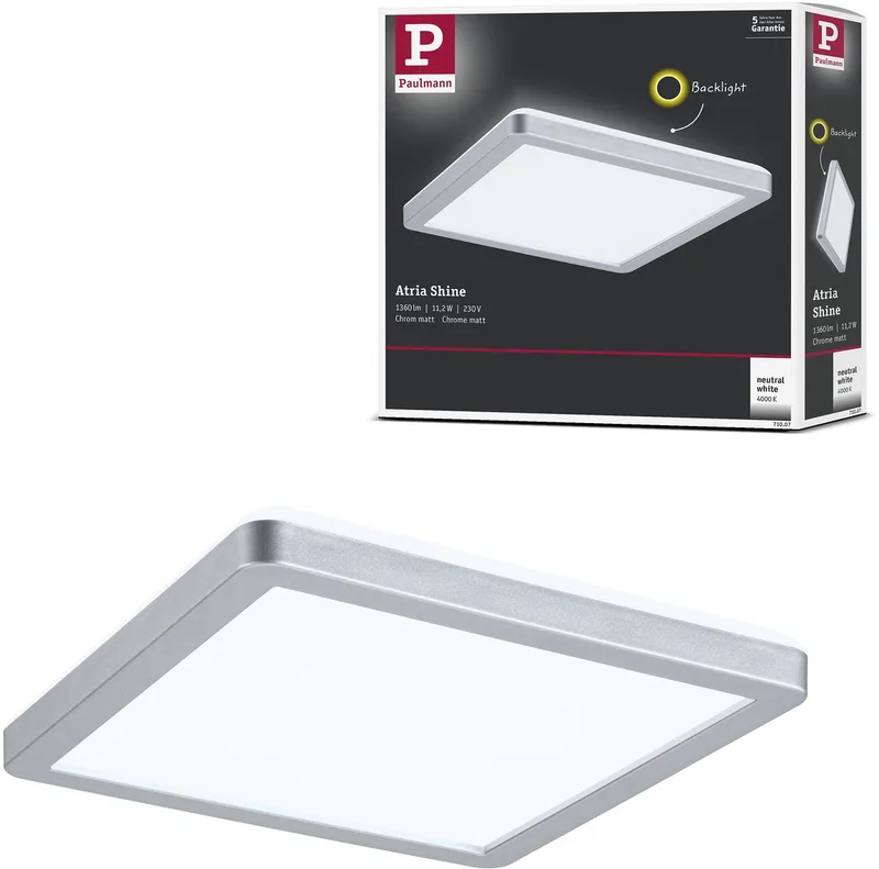 LED-paneel Atria Shine Backlight hoekig 190x190 mm 11,2W 900lm 4000K van Paulmann in Chroom mat – productfoto