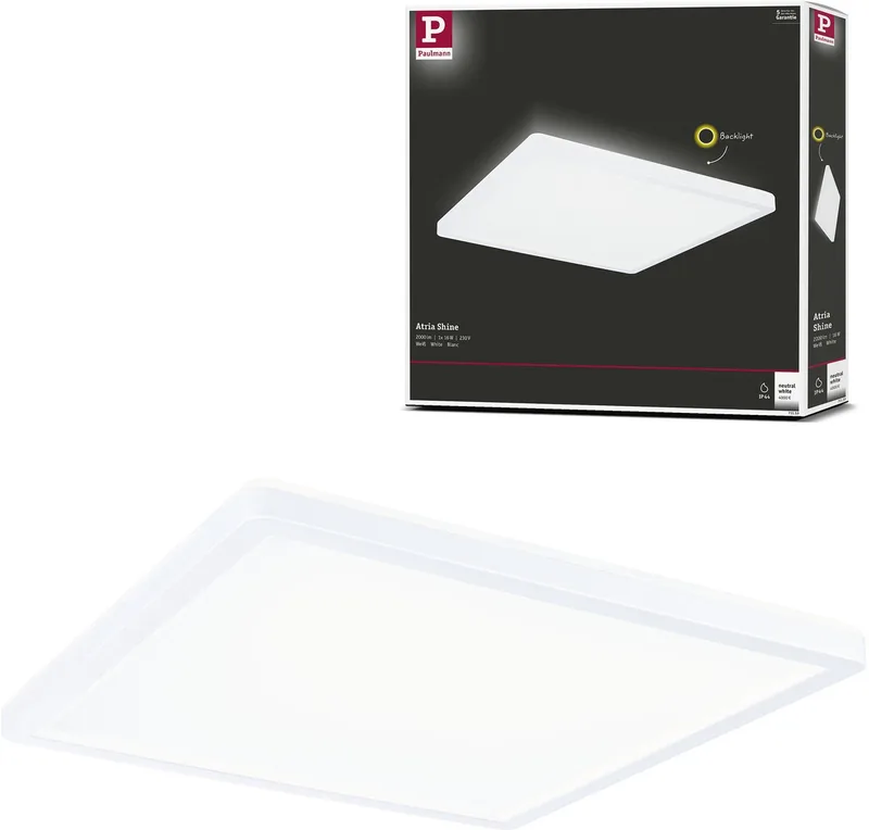 LED-paneel Atria Shine Backlight IP44 hoekig 293x293 mm 16W 1600lm 4000K de Paulmann en Blanc – photo produit